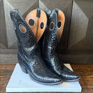 Black Snakeskin Heeled Boots - Molly Black Python by Miron Crosby